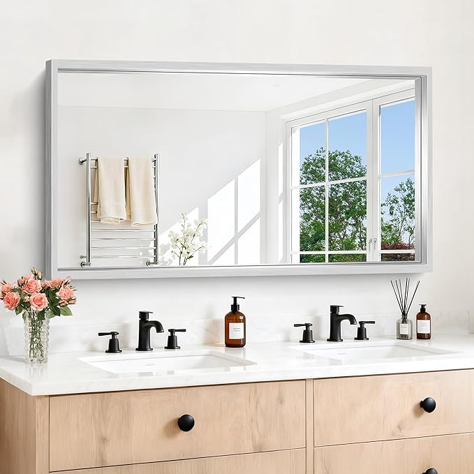 30x55 Silver Bathroom Mirror, Brushed Silver Rectangular Mirror by WelcometoCIVENO