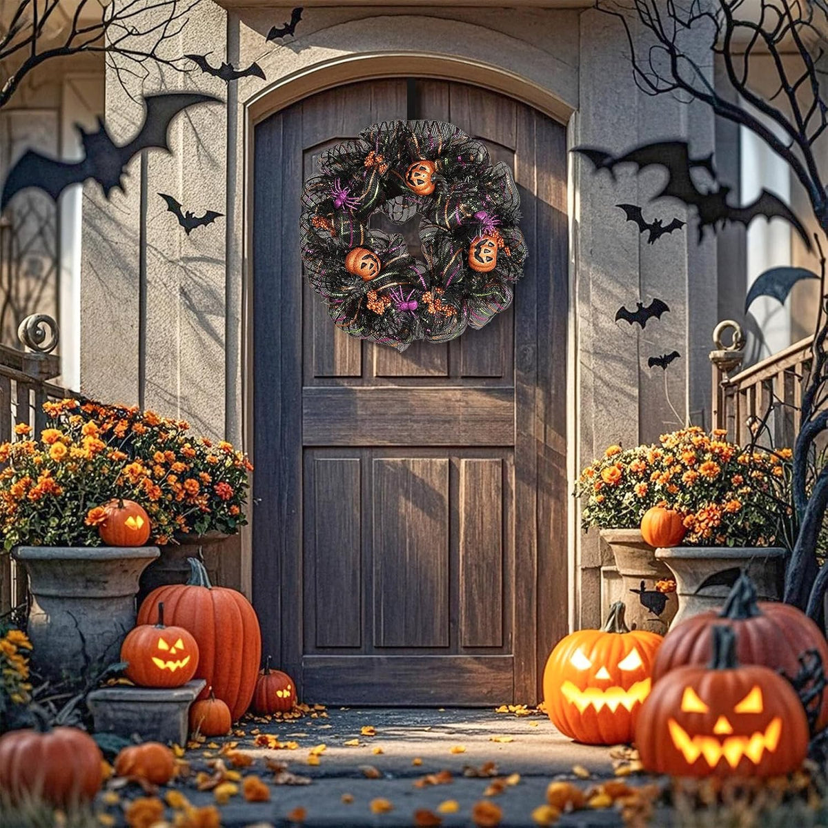 24 inch Wreath, Halloween Wreath for Front Door, Halloween Spider Decor Pumpk...