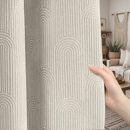 Beige Boho Blackout Curtains 2 Panels for Bedroom 52W*84L | Mid Century Modern Cotton Textured Patterned Drapes