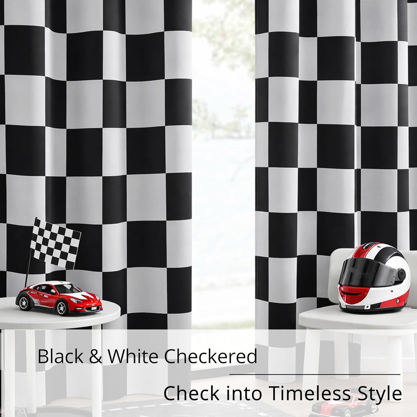 100% Blackout Curtains – Black and White Checkered Race Flag Pattern, 2 Panels, Each W52×L84, Thermal Insulated, Nosie Reducing for Bedroom, Living Room, Race car Drapes