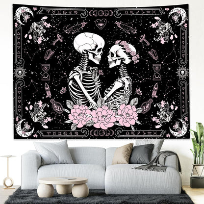 KJHL Black and Pink Gothic Witchy Skull Tapestry 44ʺ x 60ʺ Floral Constellation Skeleton Aesthetic Tapestries Wall Hanging for Bedroom Dorm