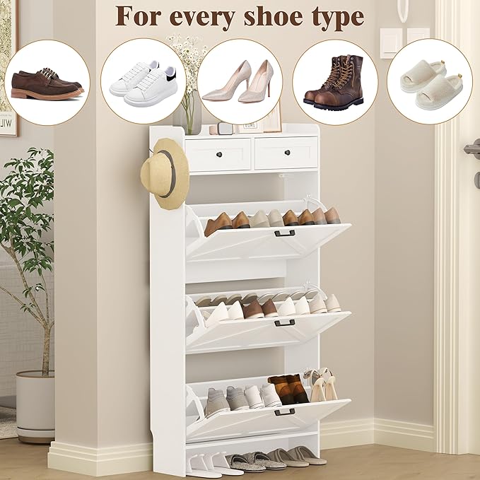 Shoe Cabinet with 3 Flip Drawers & 2 Storage Drawers, Rustic Farmhouse Narrow - Image 8