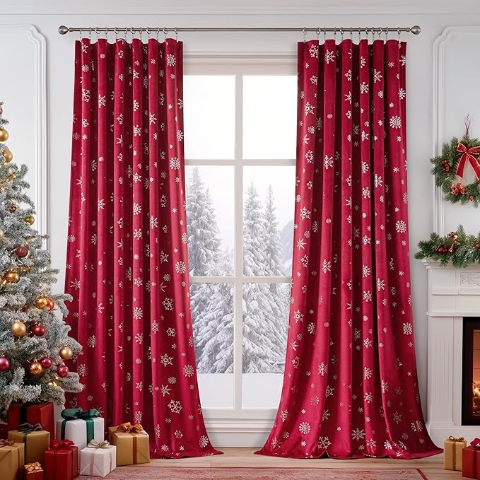 FMFUNCTEX Snowflake Red Christmas Velvet Blackout Curtains by Fmfunctex