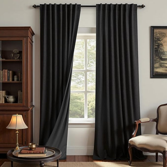 KOUFALL Black Linen Blackout Curtains 96 Inches Long by KOUFALL