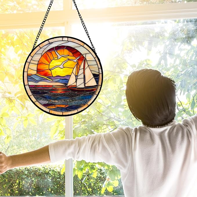 DASTOLL Stained Glass Window Hanging, Sun Ocean Sailboat Seagull Abstract - Image 4