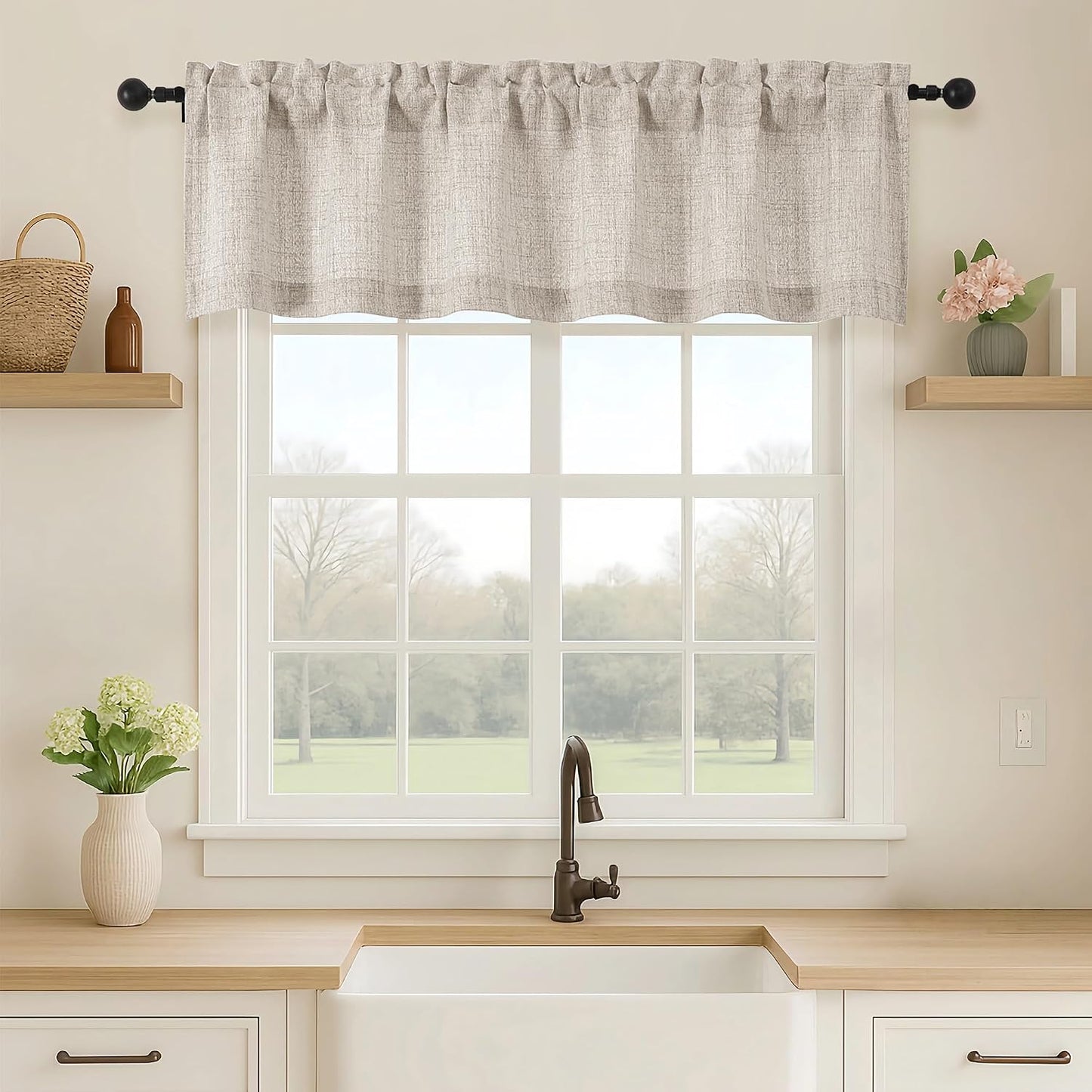 Valance for Windows, Light Filtering Faux Linen Textured Small Short Valance Kitchen Curtain, Dual Rod Pocket Top Short Window Curtain for Bathroom Basement Farmhouse, 60Wx14L Inch, Linen Color