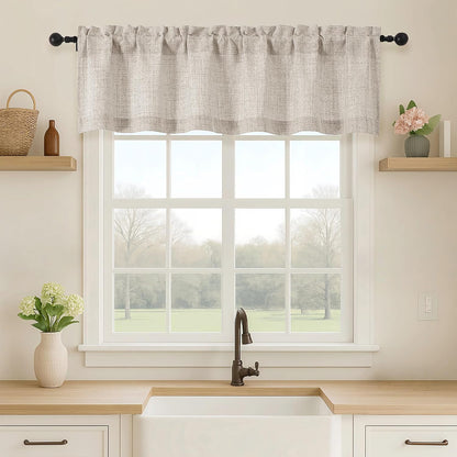 Valance for Windows, Light Filtering Faux Linen Textured Small Short Valance Kitchen Curtain, Dual Rod Pocket Top Short Window Curtain for Bathroom Basement Farmhouse, 60Wx14L Inch, Linen Color