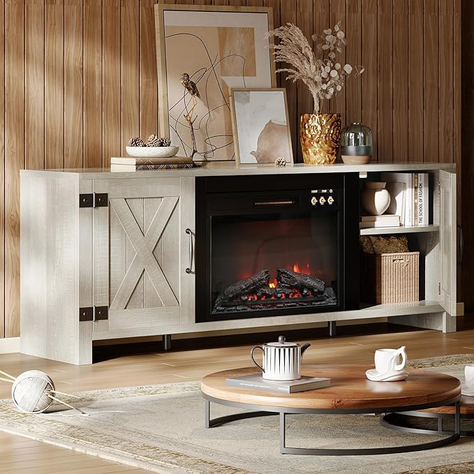 Bestier 63" Fireplace TV Stand for TVs Up to 70", Farmhouse Barn Door by Bestier