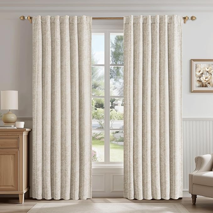 Beauoop Beige Floral Jacquard Blackout Curtains 90 Inches Long 2 Panels - Image 2