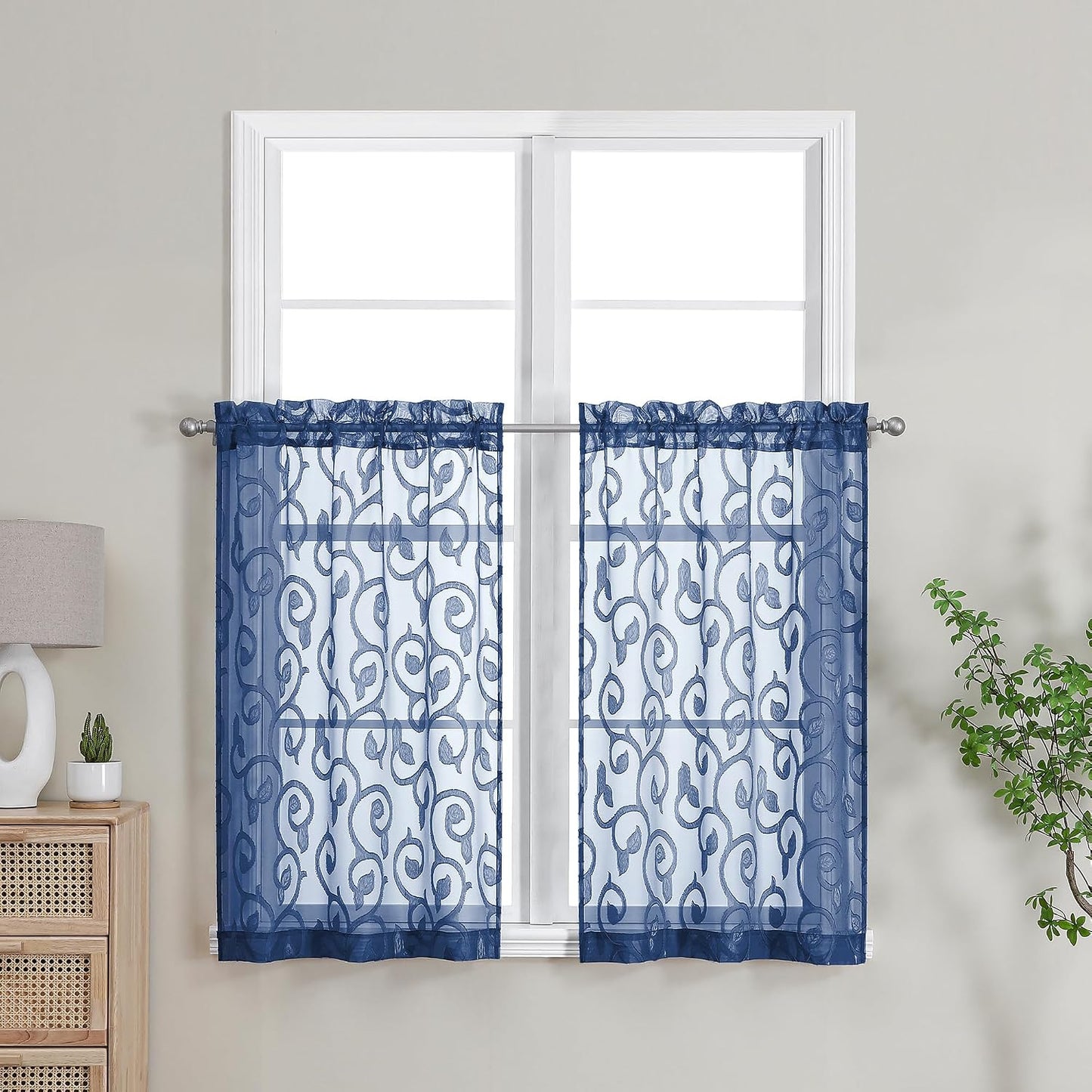 Furman Blue Sheer Curtains Tiers 36 inch Length, Light Filtering Soft Airy Clear Cafe Curtains Tier for Living Room Bedroom Farmhouse Small Windows Half Curtains, 2 Pcs, Each 40Wx36L inch