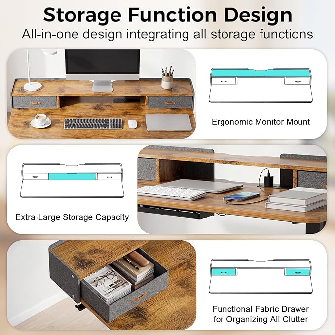 Electric Standing Desk with Drawers, 63 Inch Height Adjustable Desk with Power - Image 5