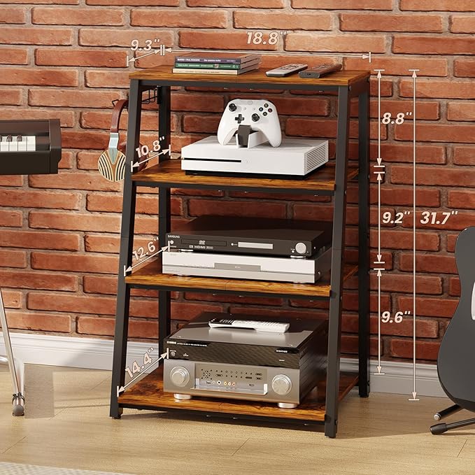 4-Tier AV Media Stand with 2 Hooks, Heavy Duty Stereo Cabinet Furniture-Large - Image 3
