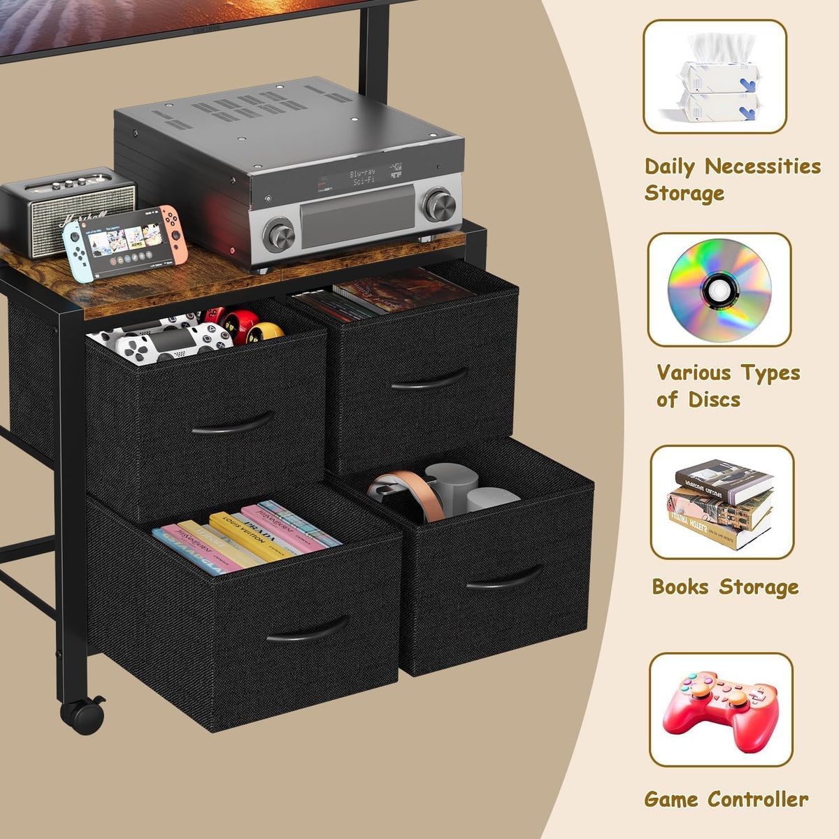 Cottage Charm Mobile TV Cart Rolling TV Stand Holder with 4 Drawer, for 23-60...