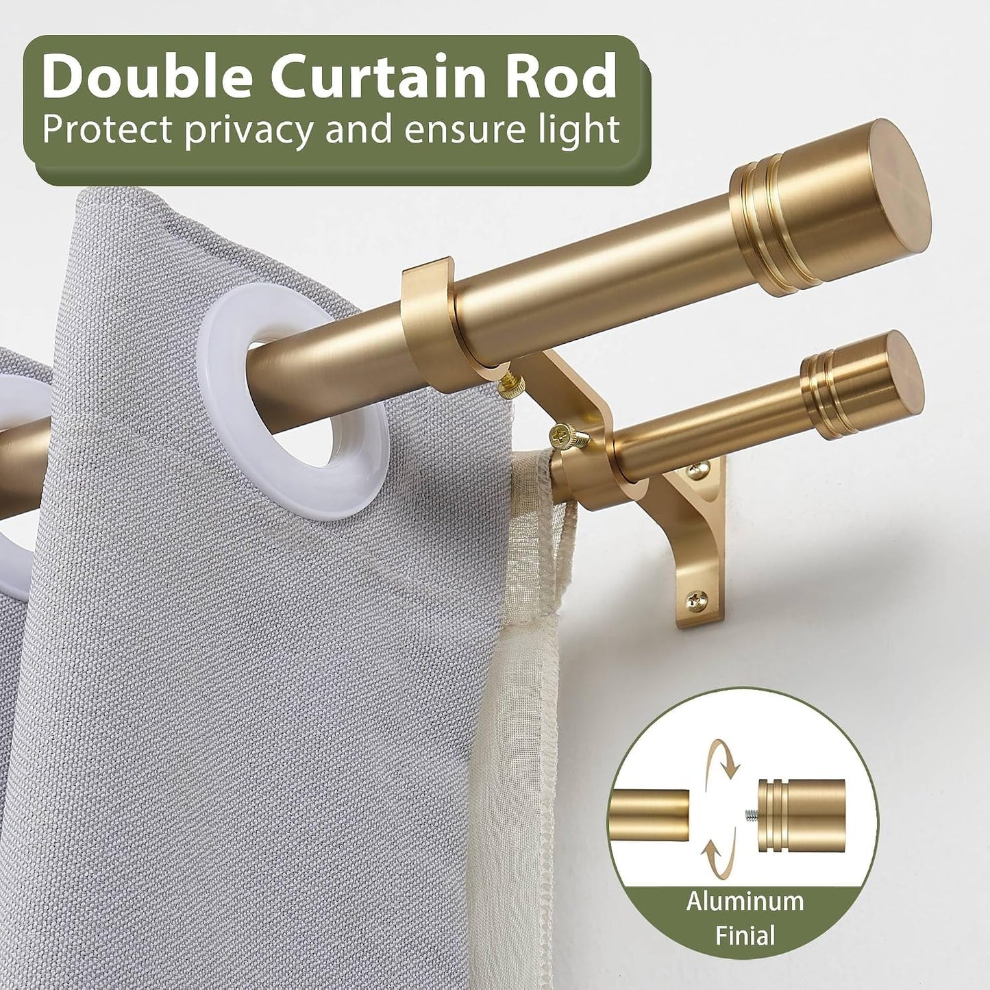 Double Curtain Rods 36-72 Inches for Windows, 1 Inch Diameter Adjustable Heavy Duty Drapery Rod with Aluminum Alloy Brackets and Finials, Modern Stylish Dual Curtains Rod, Brushed Gold