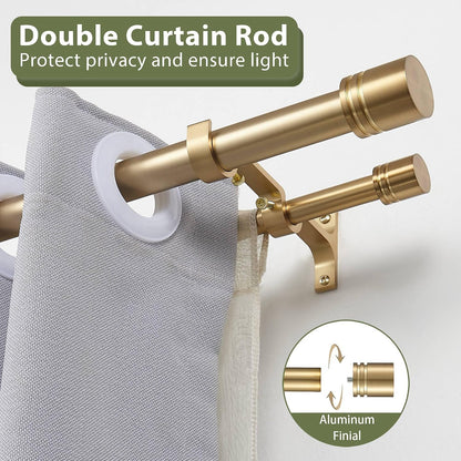 Double Curtain Rods 36-72 Inches for Windows, 1 Inch Diameter Adjustable Heavy Duty Drapery Rod with Aluminum Alloy Brackets and Finials, Modern Stylish Dual Curtains Rod, Brushed Gold