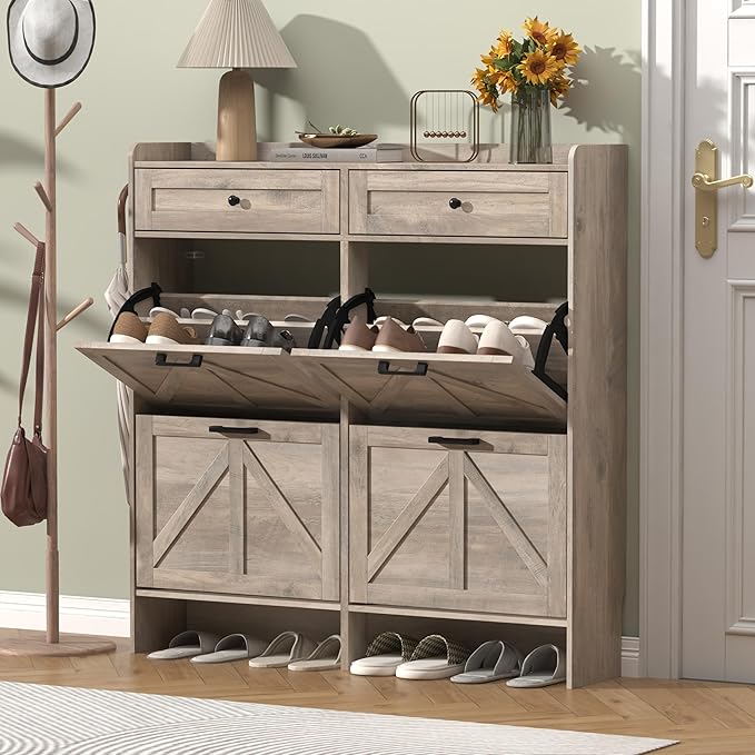 Shoe Cabinet with 4 Flip Drawers & 2 Storage Drawers, Rustic Farmhouse Narrow - Image 3