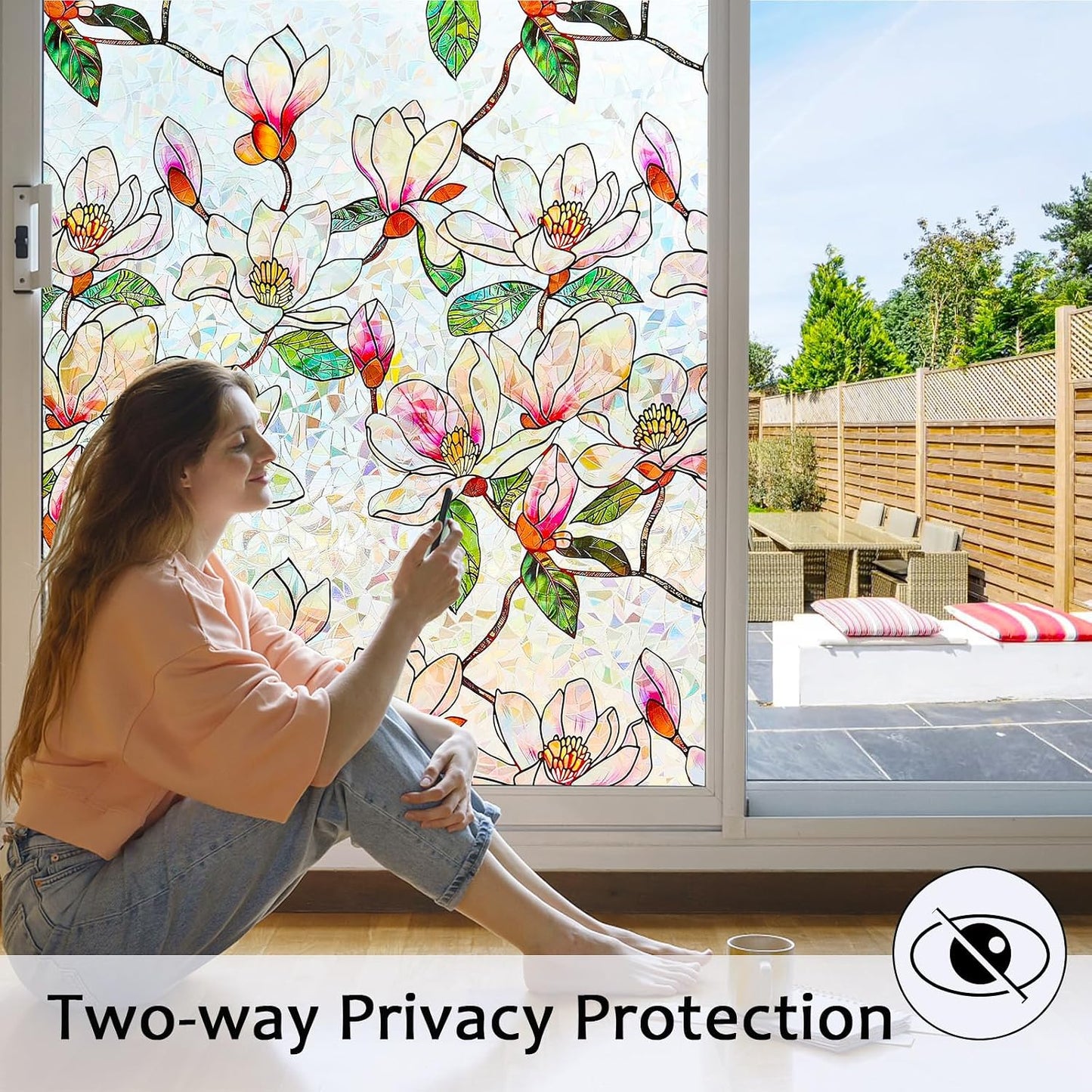 Window Privacy Film, Stained Glass Rainbow Stickers 17.5"x78.7" | 3D Colorful Static Cling Window Film, UV Blocking Heat Control Non-Adhesive, Day Night Privacy for Front Door Bathroom Office