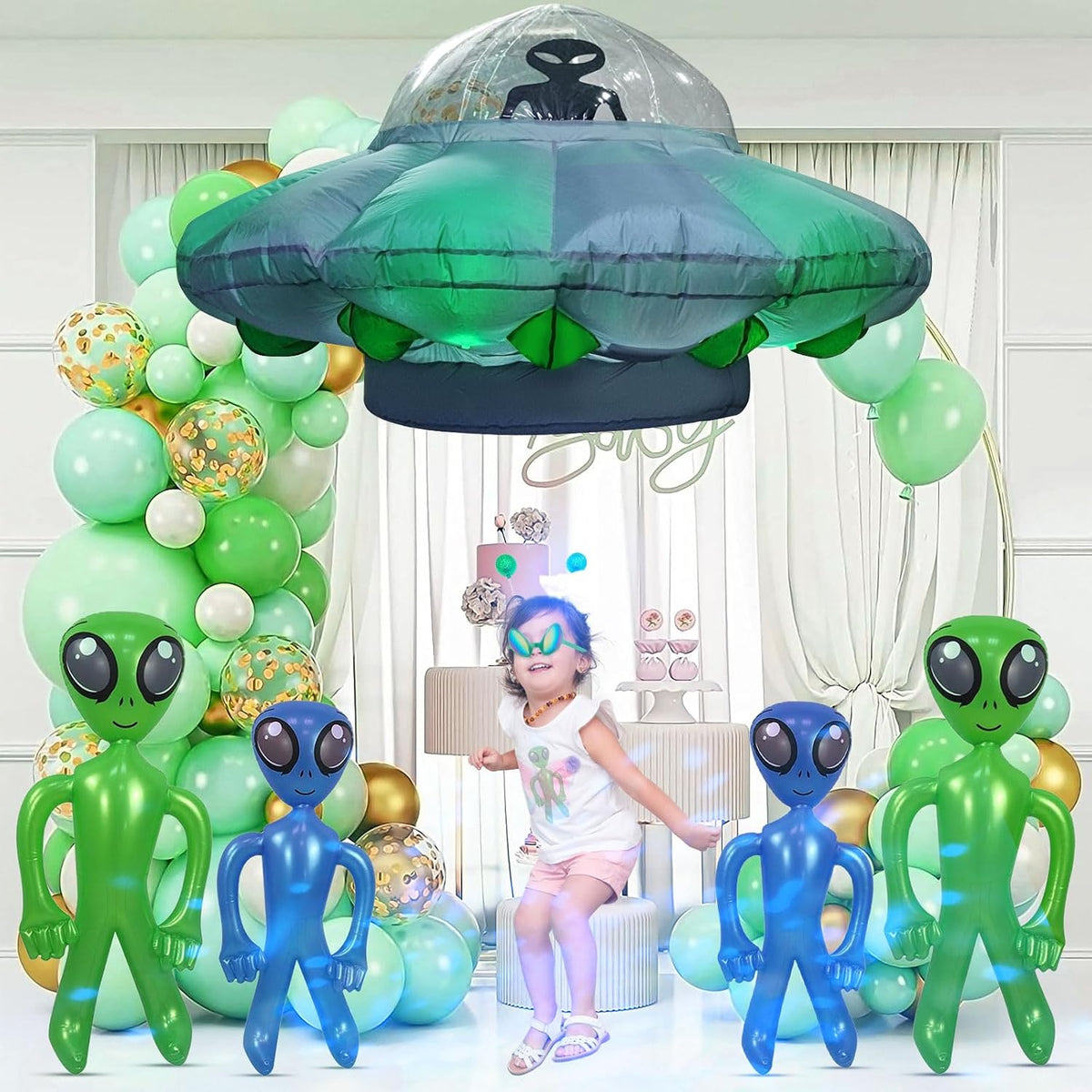 Alien Party Decorations 4.2FT Hanging UFO Cow Abduction Inflatable Alien Infl...