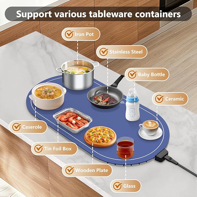 Warming Mat for Food with Adjustable Temperature Timer, 10S Fast Heating - Image 3