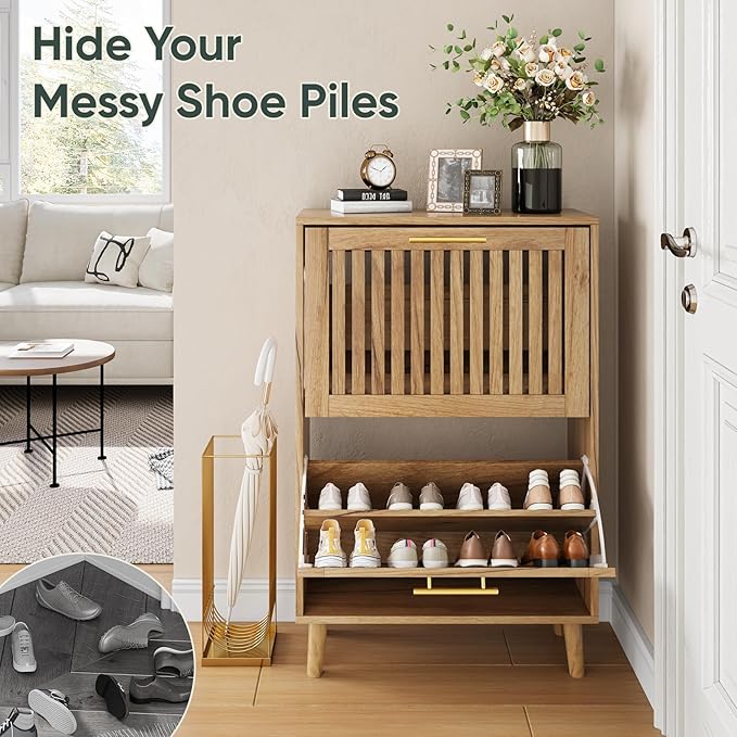 Shoe Cabinet with 2 Flip Slatted Drawers, Farmhouse Slim Shoe Organizer Rack - Image 5