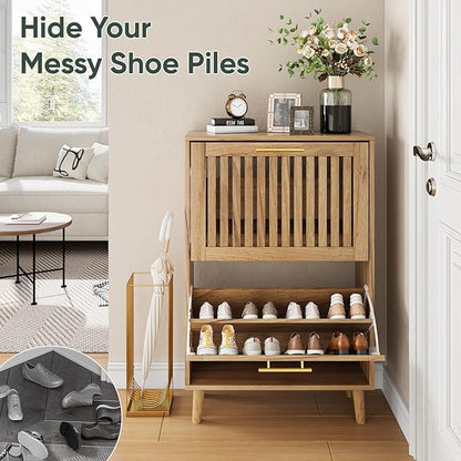Shoe Cabinet with 2 Flip Slatted Drawers, Farmhouse Slim Shoe Organizer Rack - Image 5