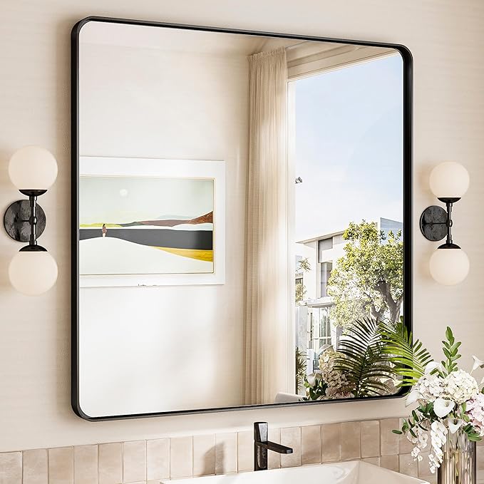 TokeShimi 36x36 Matte Black Bathroom Mirror, Bathroom Vanity Mirror Square by RefinedBathroomAccessories