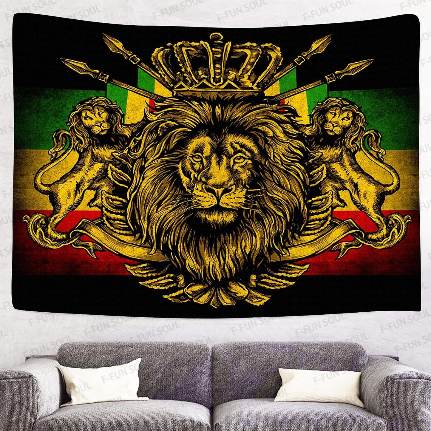 F-FUN SOUL Rasta Rastafarian Tapestry, 40x30inches, Lion Crown Flag Hippie Art Wall Hanging Tapestries for Living Room Bedroom Decor Banner
