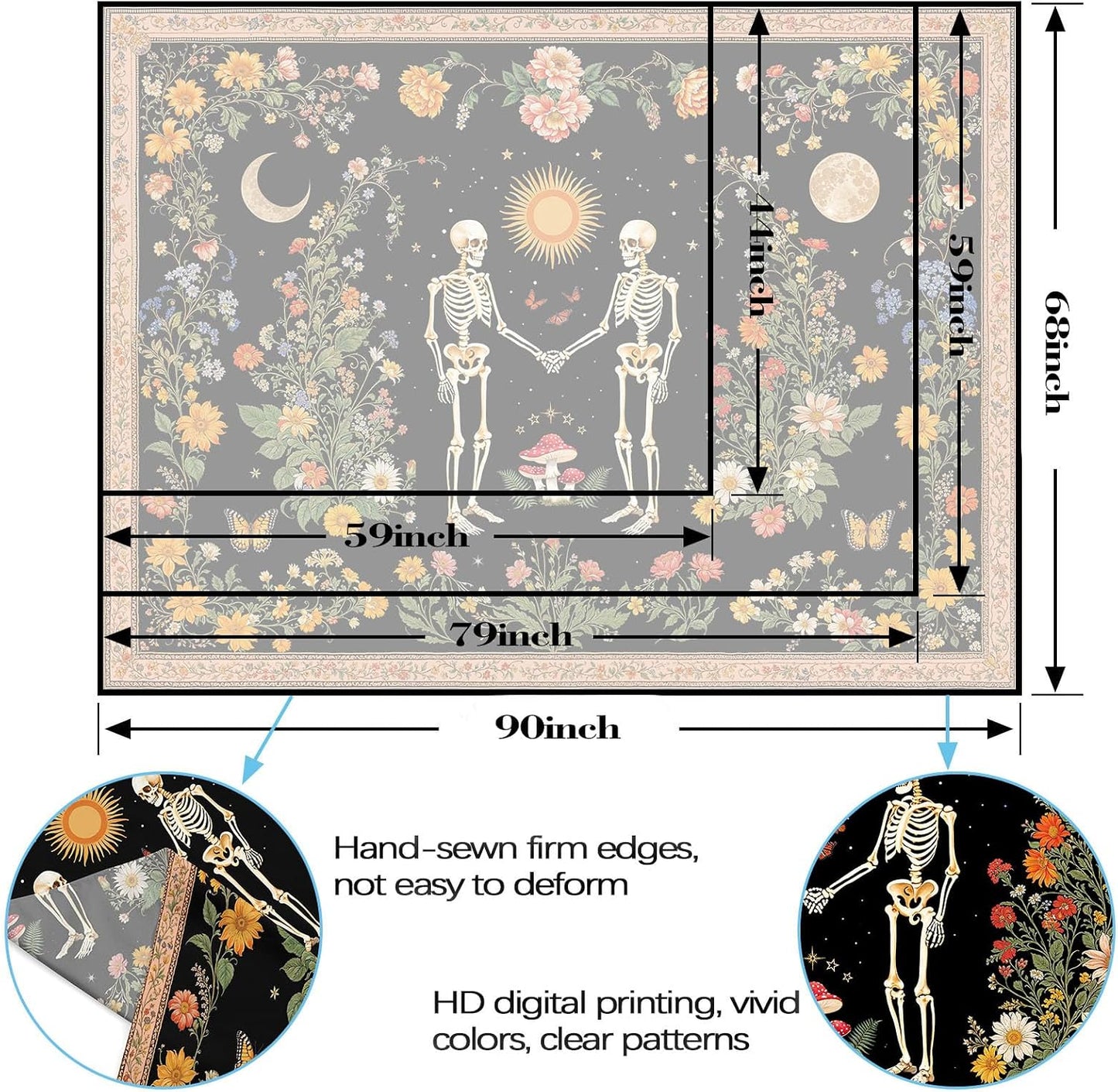 Wegklazax Skull Moon and Flowers Tapestry, Bohemian Hippie Gothic Wall Hanging for Room Decor, Mystical Altar Home Decor 60L x 44W