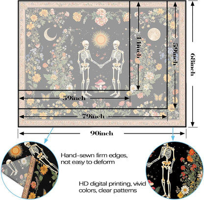 Wegklazax Skull Moon and Flowers Tapestry, Bohemian Hippie Gothic Wall Hanging for Room Decor, Mystical Altar Home Decor 60L x 44W