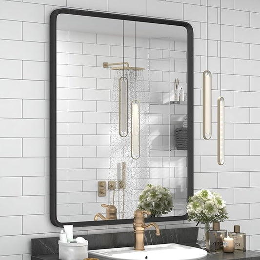 24x32 Black Bathroom Mirror, Rounded Rectangle Mirror, Shatterproof by GOLOMO