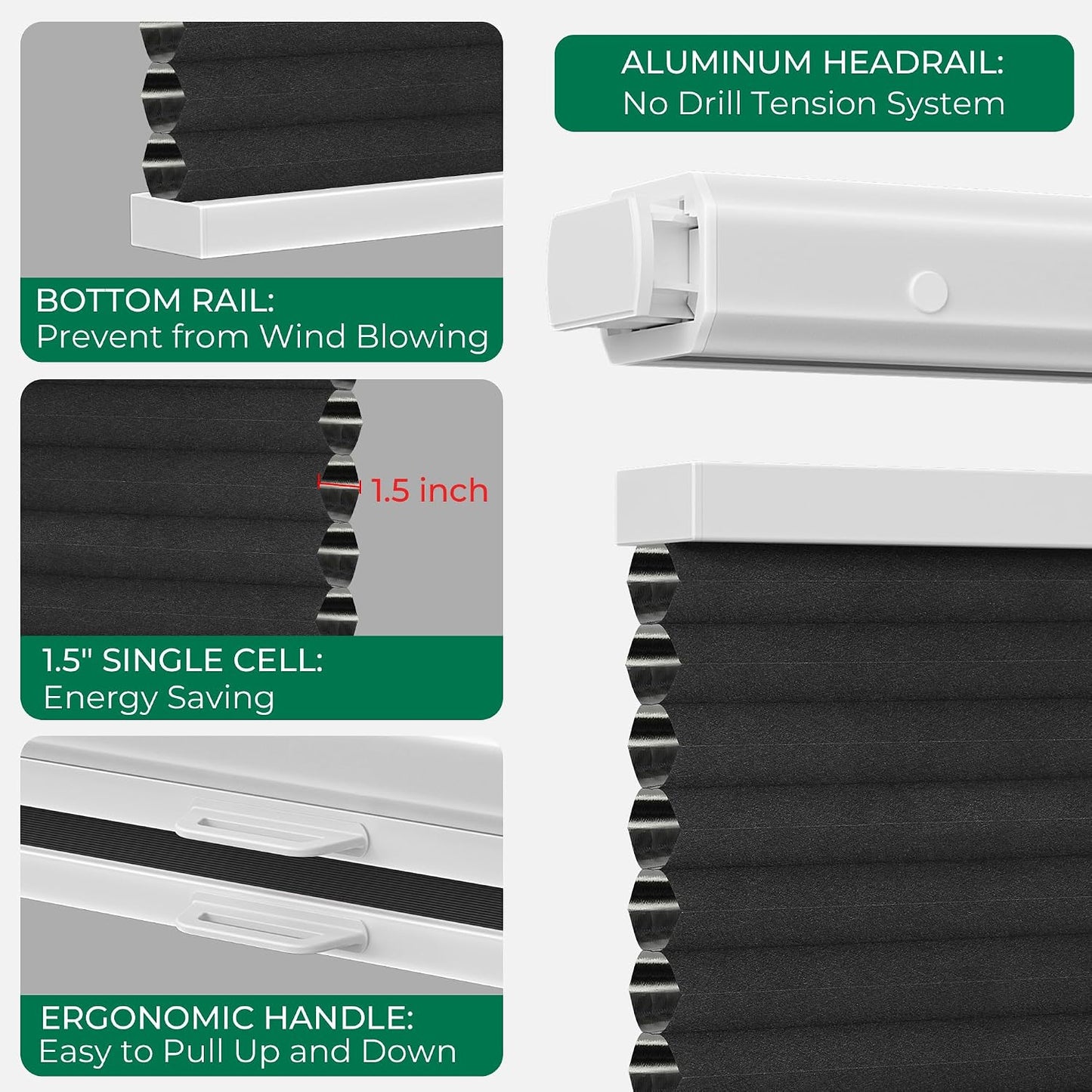 Allesin Top Down Bottom Up Cordless Cellular Shades,Thermal Insulation Honeycomb Blinds for Indoor Windows,Blackout (Black-no Drill,31"x64")