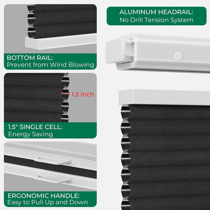 Allesin Top Down Bottom Up Cordless Cellular Shades,Thermal Insulation Honeycomb Blinds for Indoor Windows,Blackout (Black-no Drill,31"x64")