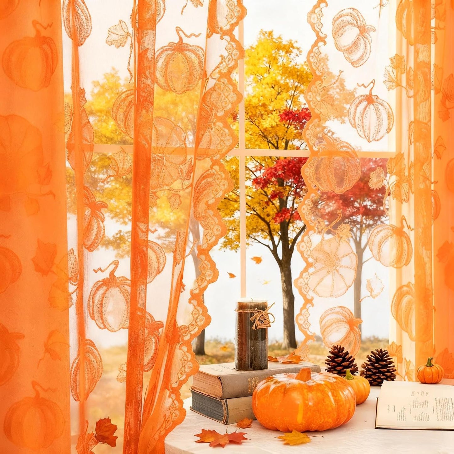 Fall Lace Curtains 84 Inches Long for Living Room Thanksgiving | Holiday Decoration Burnt Orange Sheer, Weave Harvest Pumpkin Design, Rod Pocket, Country Rustic, 54 x 84 Inch 2 Panels