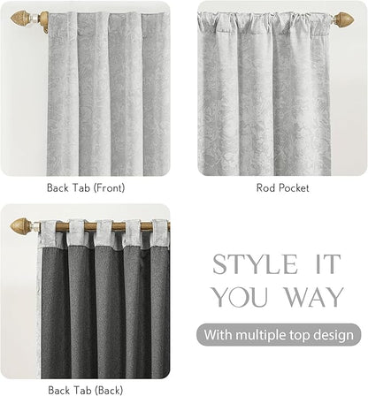 Beauoop Grey Floral Jacquard Blackout Curtains 63 Inches Long 2 Panels - Image 5