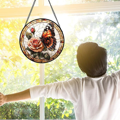 DASTOLL Stained Glass Window Hanging, Butterfly Picking Flowers Suncatcher - Image 3