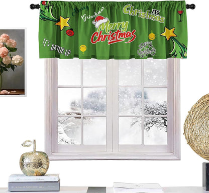 Christmas Holiday Kitchen Curtain Valances Green Xmas Window Valances with Rod Pocket - Short Curtains for Bathroom and Laundry Decoration - 52x18 inch