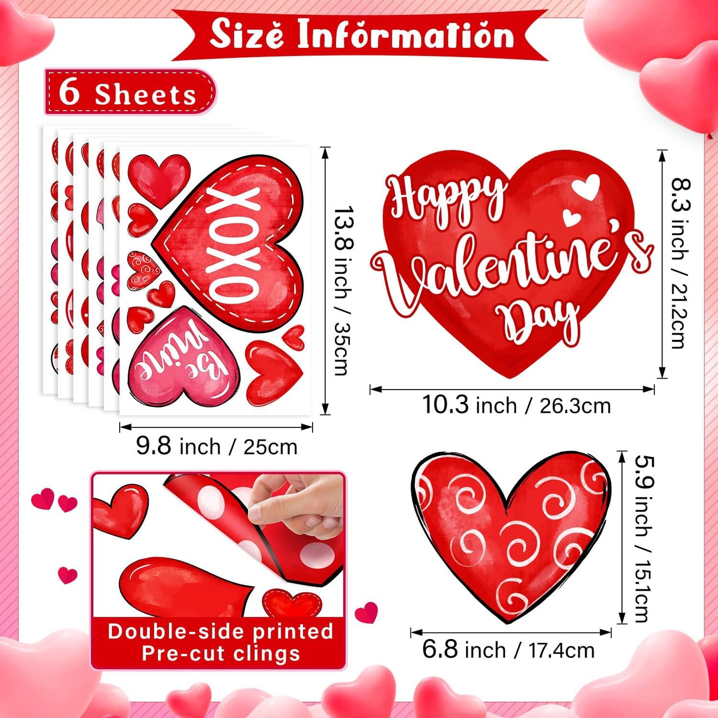 Valentine's Day Window Clings Love Hearts, 76 Pcs Pink Red Heart Large Window Stickers, Happy Valentines Watercolor Double-Sided Glass Decals Decor for Wedding Anniversary Home Party Decorations