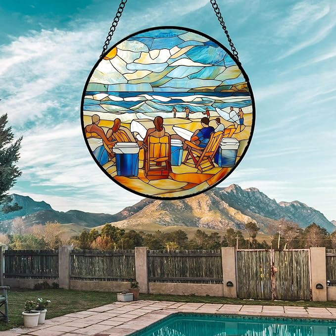 AMDERVEN Stained Glass Window Hanging 4 Pcs Set Blue Ocean Surfing Beach 6.3" - Image 5