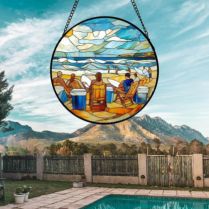 AMDERVEN Stained Glass Window Hanging 4 Pcs Set Blue Ocean Surfing Beach Large - Image 5