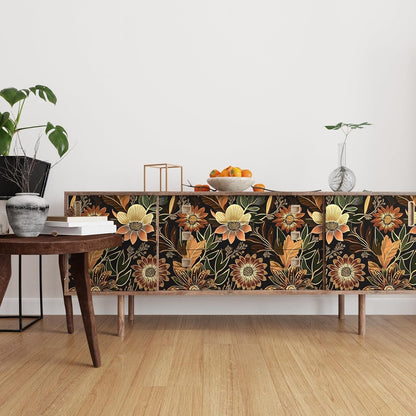 Boho Dark Black Gold Floral Wallpaper Peel and Stick 17.5"x393" | Self Adhesive/Removable/Waterproof/Thick Vinyl Contact Paper for Bathroom Bedroom Shelf Cabinet Drawer,Prepasted,Easy Peel