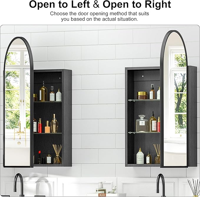 Arched Medicine Cabinet with Mirror, Brushed Black Wall Mounted Bathroom Mirror - Image 3