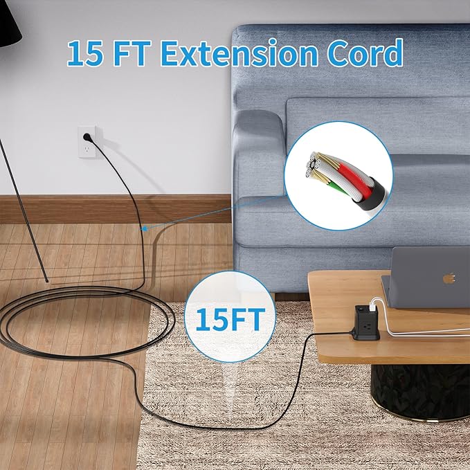 Extension Cord 15 ft, FDTEK Flat Plug Power Strip - Image 3