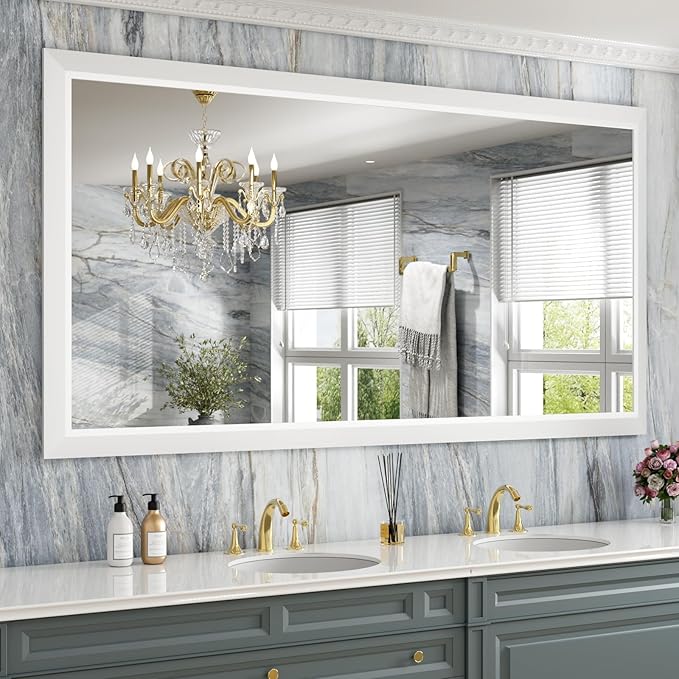 Amorho Bathroom Mirror, 72 X36 Inch White Thick Metal Framed Wall Mirrors by Amorho