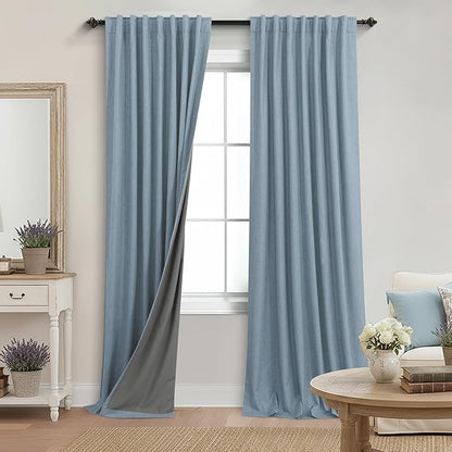 KOUFALL 90 Inch Stone Blue Linen Blackout Curtains, Thermal Insulated Blue Grey by KOUFALL
