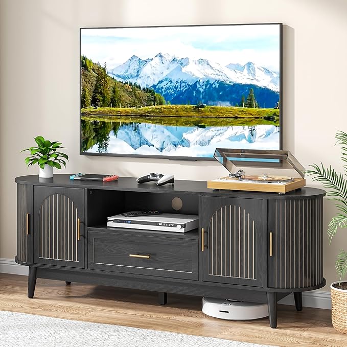 63" Fluted TV Stand for Tvs up to 70", Mid-Century Modern Entertainment Center - Image 8