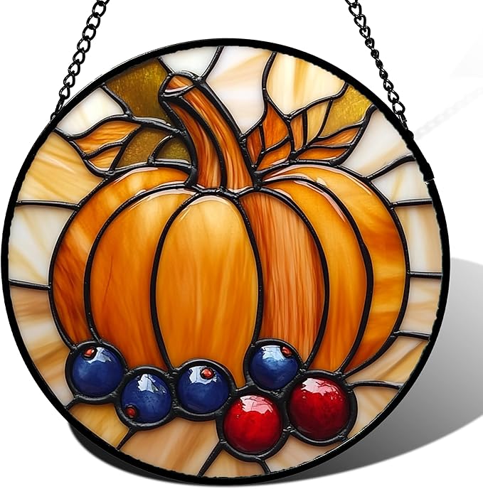 DASTOLL Stained Glass Window Hanging Fall Pumpkin Berries 9.8" by DASTOLL