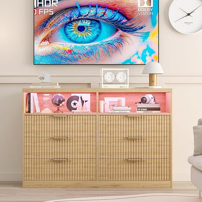 Coffee Bar Cabinet with Charging Station and Lighting, Natural Oak - Image 6