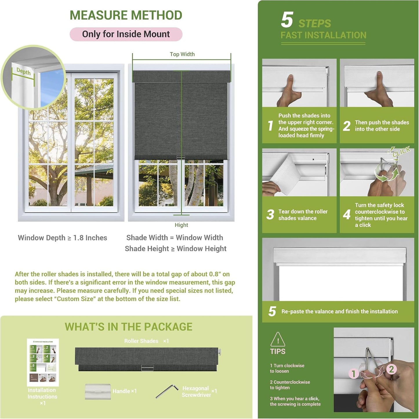 No Drill No Tools Blackout Roller Shades for Windows | Cordless Blinds with Baffles, Custom Roller Blinds for Home Office Door, Custom Size, Dark Grey(Single Tensioner)