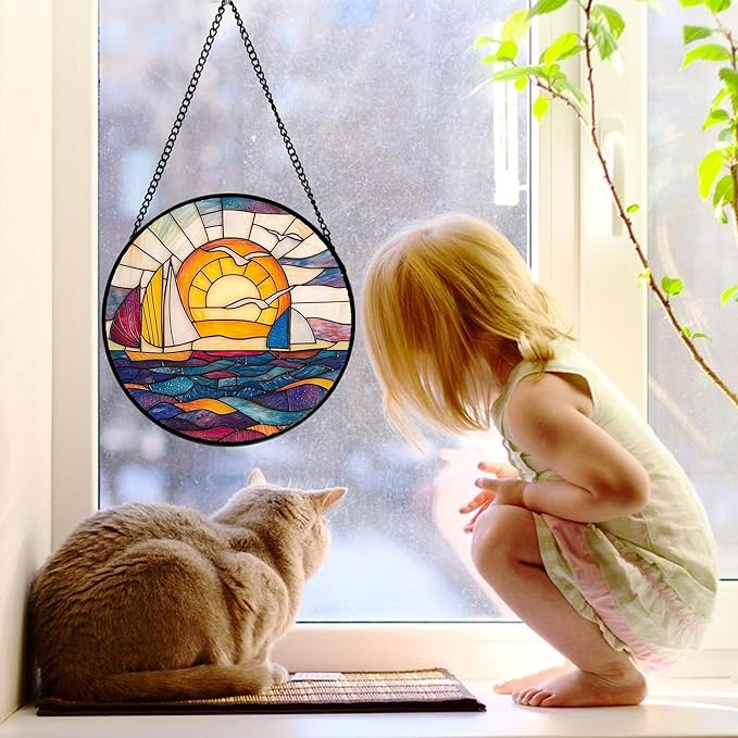 DASTOLL Stained Glass Window Hanging, Sailboat and Waves Suncatcher Diamond - Image 3
