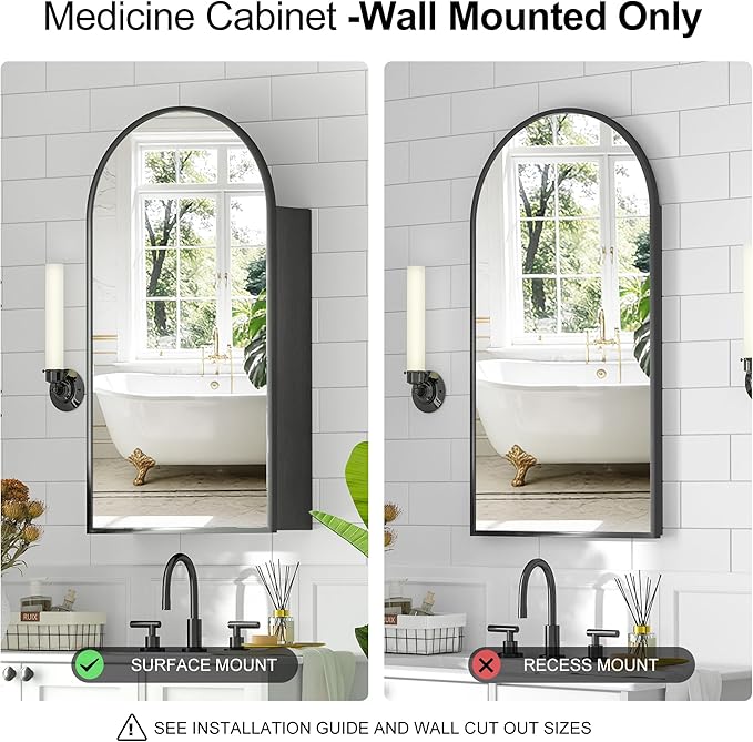 Arched Medicine Cabinet with Mirror, Brushed Black Wall Mounted Bathroom Mirror - Image 7